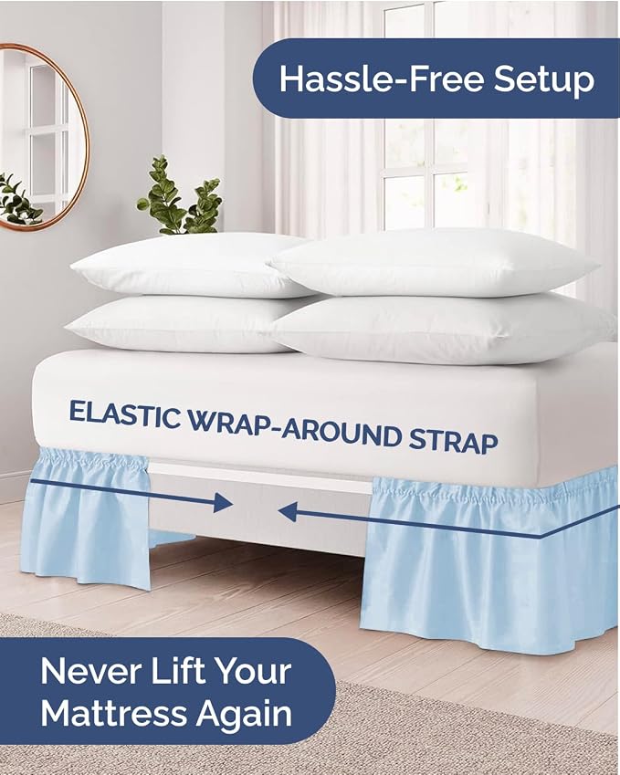 Wrap Around Dust Ruffle Bed Skirt, Queen Size - 18 Inch Drop, Light Blue | Easy Fit Elastic Strap, Adjustable Pleated Bedskirt w/Brushed Fabric, Wrinkle & Fade Free, for Women, Men, Kids & Teens