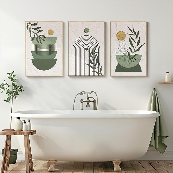 Large Framed Sage Green Boho Abstract Wall Art for Living Room, 24x36 Inch | Bohemian, Canvas prints, Large, Botanical leaf, 3 piece, Minimalist, Mid century modern, Geometric, Wall decor for bedroom