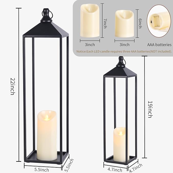 22'' 19'' Large Lanterns Decorative Outdoor Indoor, Set of 2 Candle Lantern | Black Metal Floor Lanterns Decorative for Home Decor, Mantle, Fireplace, Patio, Porch, Garden, Modern Farmhouse No Glass