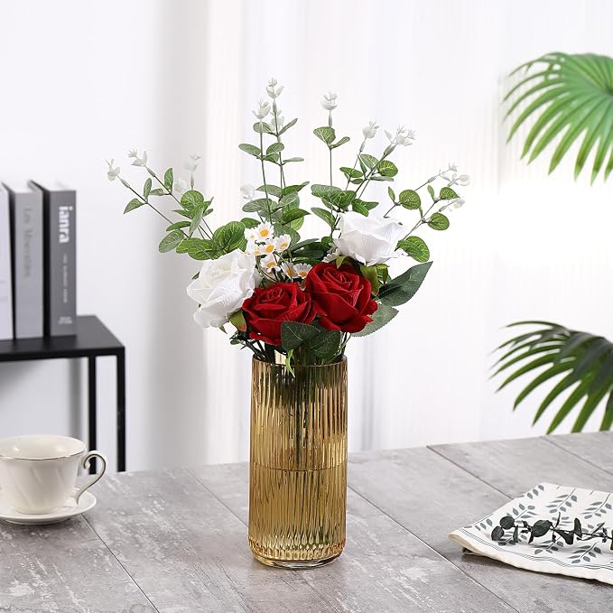 Ribbed Glass Vase, Flower Vases for Bouquet, Amber Glass Vases for Flowers, Modern Ribbed Vase for Living Room, Bathroom, Dining Table, Office, Wedding, Centerpieces, 8 Inches