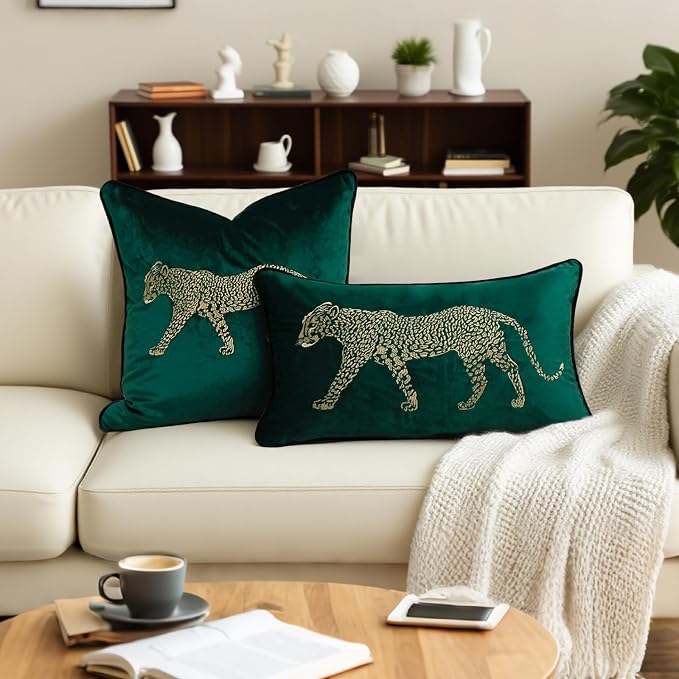 vctops Soft Velvet Embroidery Square Decorative Throw Pillow Covers Leopard Pattern Cushion Case for Sofa Bedroom Couch (Green,18"x18")