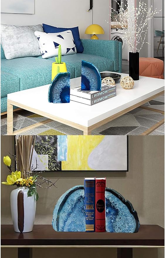 JIC Gem Heavy Blue Agate Geode Bookends Anti-Slip Rubber Pads Decor 6-8 lbs | 1Pair dyed blue crystal bookends Large heavy book stoppers Home office shelf decor Polished gemstone decorative bookends