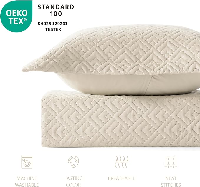 EXQ Home Quilt Set Queen Size Summer Squares Pattern Beige Bedspread | Bedding Set For All Season Use, Soft & Breathable Coverlet,3-Piece Set Includes 2 Shams, Machine Washable