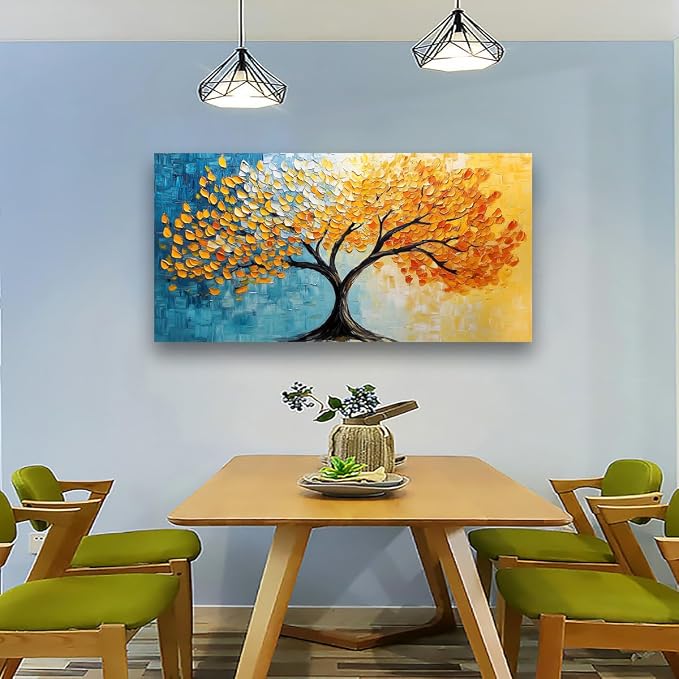 Blue and Yellow Canvas Wall Art Bedroom Wall Decor Living Room,Abstract Tree Leaves Wall Art Office Kitchen Paintings Artwork Modern Golden LeafPictures Art Prints Waterproof Ready to Hang-20x40inch