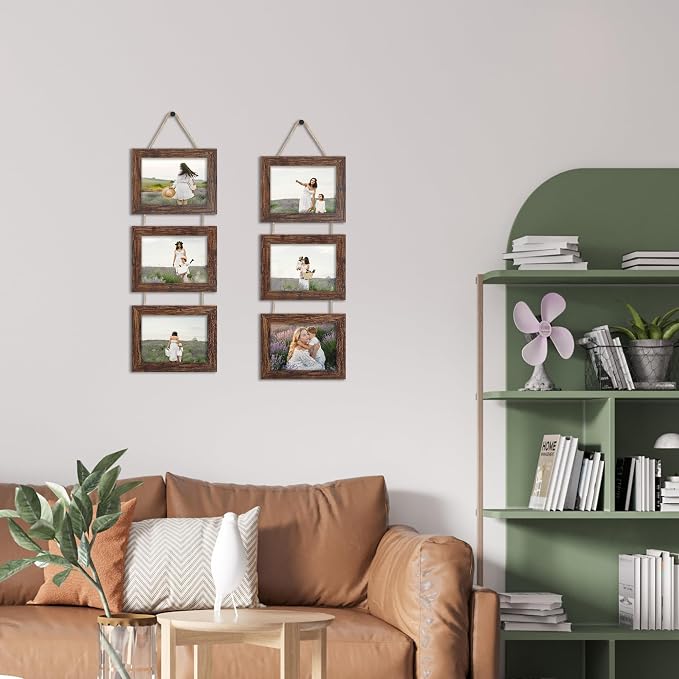 5x7 Collage Picture Frames Set of 2, Rustic Wooden Real Glass Horizontal Hanging 3 Opening 5 by 7 Photo Frame, Brown
