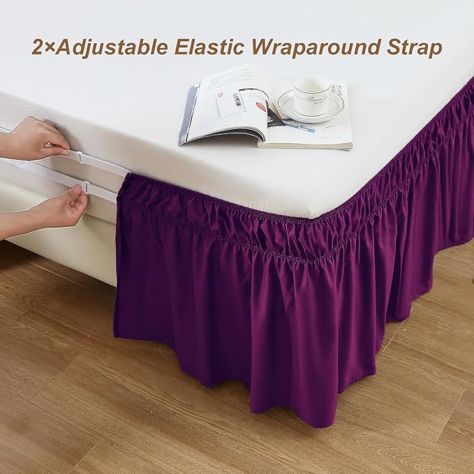 MEILA Wrap Around Elastic Bed Skirt for Queen & King Beds, 16" Drop, Purple | Three-Side Adjustable Elastic Dust Ruffle, Ruffled Polyester Fabric, Easy to Install, Fade Resistant & Machine Washable