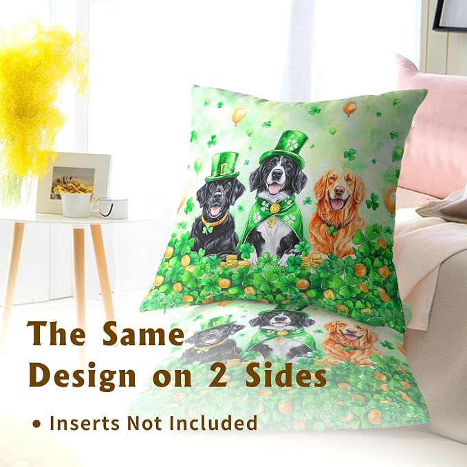 St. Patrick's Day Pillow Covers 2 Pack 16x16 inch Leprechaun Hat Dog Cotton Pillowcase Shamrock and Gold Coin Happy Holiday Throw Pillow Cases Irish Green Decorative Cushion Covers for Sofa Couch