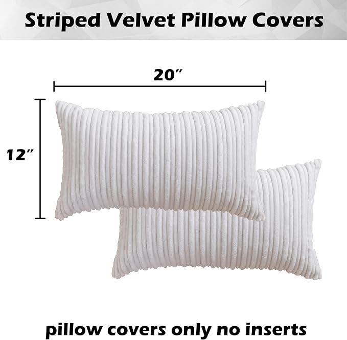 Kevin Textile Striped Corduroy 12”x20” Pillow Covers 2 Pack, Pure White
