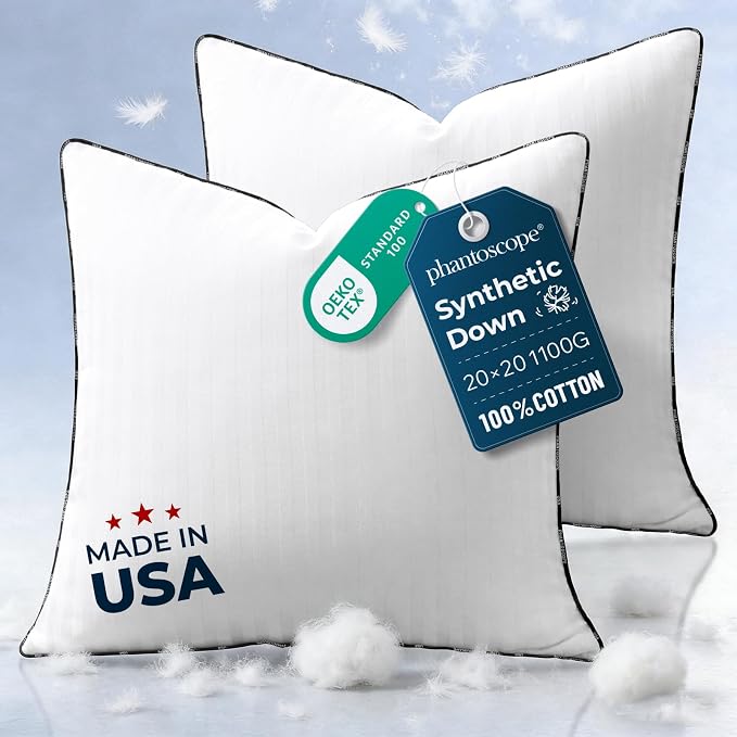 Phantoscope Synthetic Down Pillow Insert - 20x20 Down Alternative, Ultra Soft Large Square Throw Pillow with 100% Cotton for Couch Sham, Bed Sleeping (White, Set of 2) Made in USA