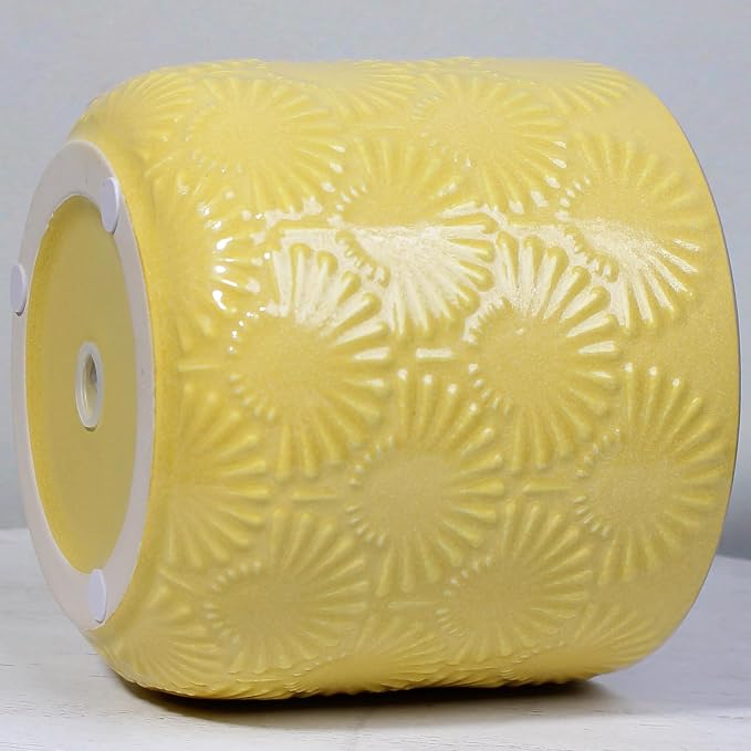 Boho Ceramic Planter，6.7" Contemporary Flower Pot for Indoor Outdoor Plants | Decorative Glazed Embossed Fan Textured Plant Pot with Drainage Hole & Plug, Bohemian Chic Home Garden Decor, Butter Yellow