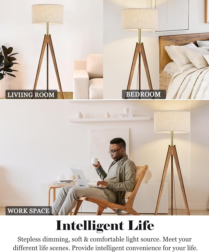ELYONA Floor Lamp for Living Room, Solid Ash Wood Tripod Floor Lamp with Remote Control, Stepless Dimmable Standing Lamp for Bedroom, Office, Tall Lamp with Linen Shade, Mid Century Modern & Farmhouse