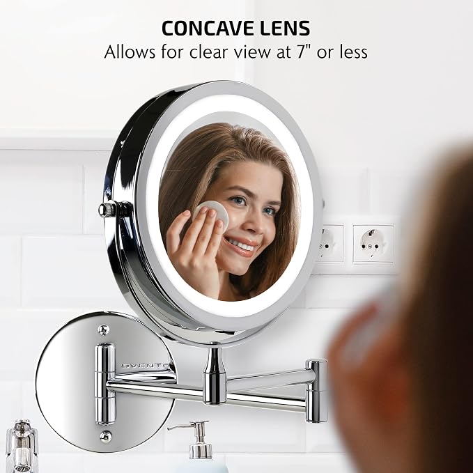 OVENTE 6.8" Lighted Wall Mount Makeup Mirror, 1X & 7X Magnifier, Adjustable Double Sided Round LED, Extend, Retractable & Folding Arm, Compact & Cordless, Battery Powered Polished Chrome MFW70CH1X7X
