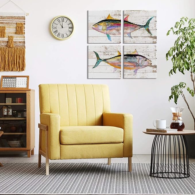 Sea Fish Wall Art Ocean Theme Canvas Prints Home Decorations Watercolor Marine Life Colorful Tuna Wall Decor Painting Picture Bathroom Modern Bedroom Living Room Artwork Posters 20x20 Inch 4 Pieces