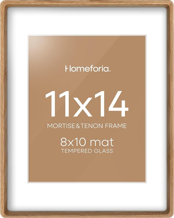 Homeforia 11x14 Mortise&Tenon Natural Oak Picture Frame, 8x10 Mat, Glass