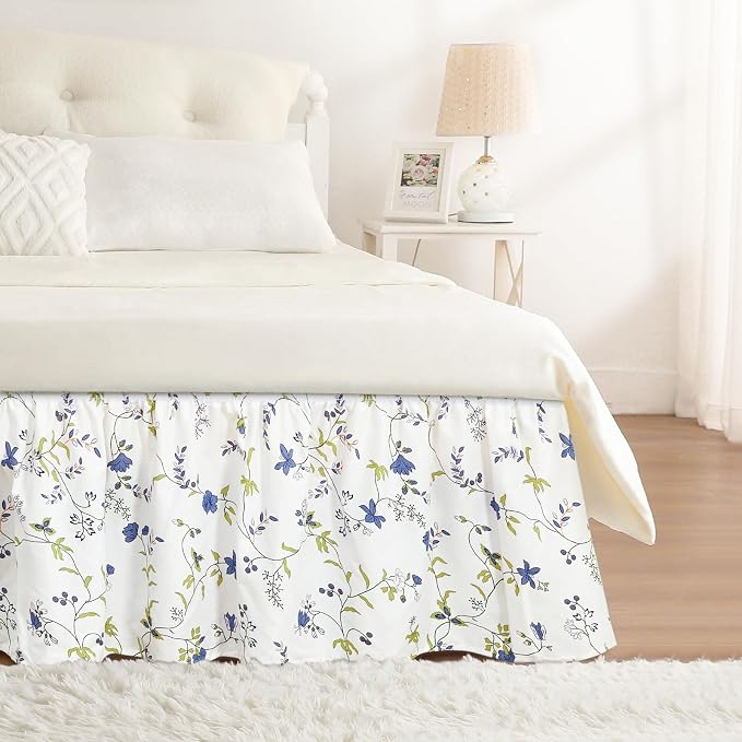 Sweet Blueberry Bed Skirt Queen 15" Drop, Elastic Wrap Around Bedskirt | Solid Ruffled, Easy to Use, No Mattress Lifting, Wrinkle & Fade Resistant, with Adhesive Strips, Machine Wash/Dry/Iron