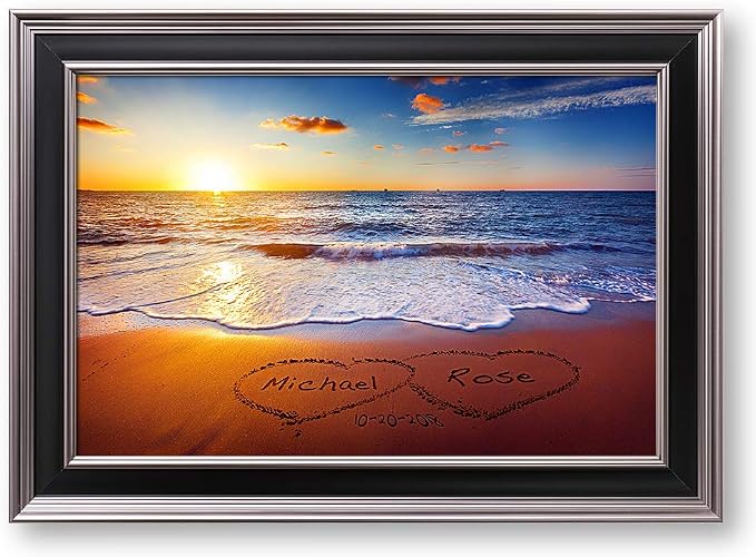 Love on Beach Heart in Heart Personalized Framed Arts with Couple's Names and Date on,Perfect Love Gift for Anniversary and Wedding.With Different Frame Styles Framed Size:21 5/8x15 1/2 inches