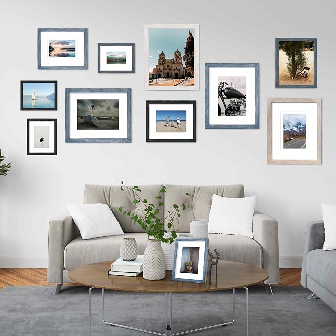 8x10 Picture Frame,Solid Wood,Display Pictures 4x6,5x7 with Mat or 8x10 Without Mat,Photo Frame for Wall Mounting or Tabletop (Blue,Set of 4)