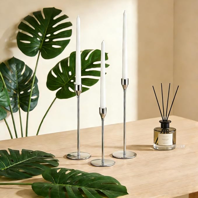 Candlestick Holders, Set of 6 Taper Silver Candle Holder Decor for Date, Festival, Wedding, Party, Dinning or Anniversary, Fit 3/4" Thick Pillar Candles & Led Candles