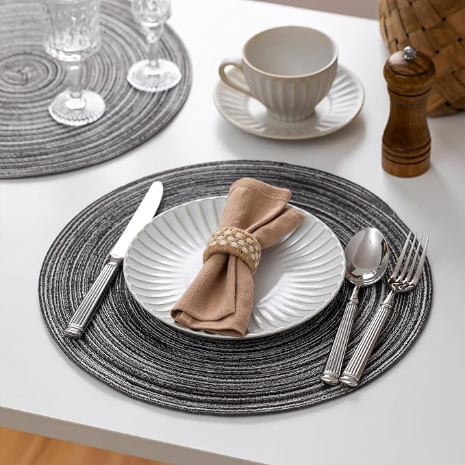 BARoyal Round Placemats Set of 4 Woven Placemats Washable Braided Table Mats for Dining Table Heat Resistant Non-Slip Circle Place Mats(Mixed Gray)