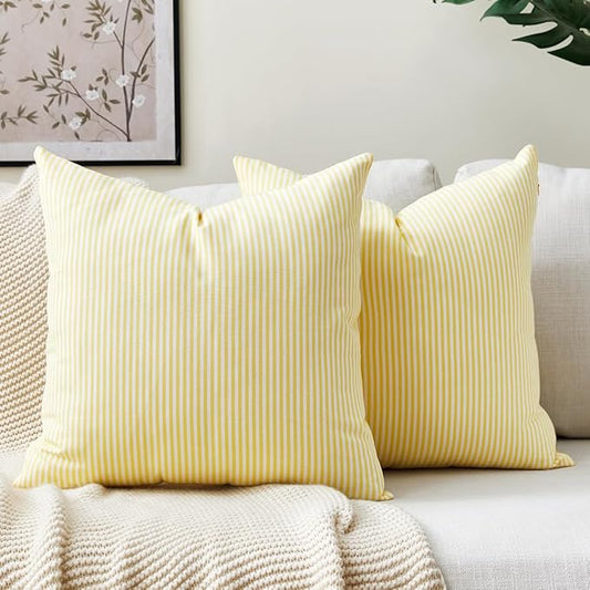 Light Yellow Striped Summer Outdoor Throw Pillow Covers 18x18 Set of 2 | Set of 2 Yellow Decorative Pillow Covers 18 x 18, Yellow Room Decor Pillows for Couch Bed, Outdoor Pillows for Patio Porch