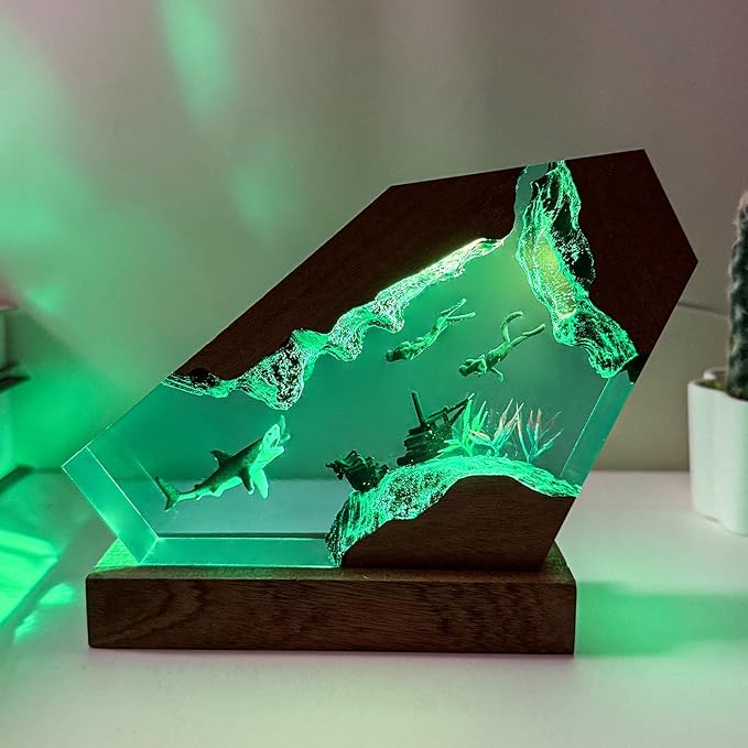 Shark Resin Lamp, Scuba Diving Gifts Resin Ocean Lamp,Handmade Shark Decor Nightlight with Wooden Base, RGB LED Lights,Gifts for Mother'sDay, Valentine's Day,Birthday Holiday (L 10"X6")