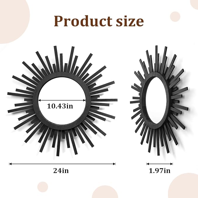 24 Inch Boho Sunburst Mirror, Round Wooden Wall Decor Starburst Sun Mirror for Bedroom, Living Room, Bathroom, Hallway, Balcony, Farmhouse Entryway, Housewarming Gift（Black