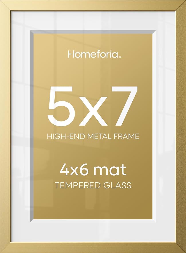 Homeforia 5x7 Gold Picture Frame, High-End Metal, 4x6 Mat, Glass