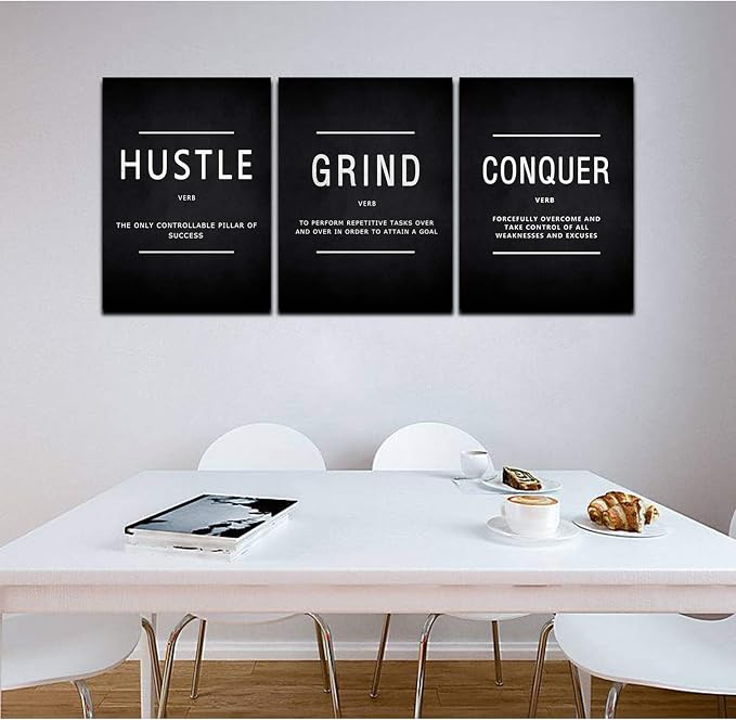 KAWAHONE Inspiration Canvas Wall Art Large, Grind Hustle Conquer Quotes Poster Framed Success Painting Picture Wall Sign for Home Office Workplace Wall Hanging- 24" Wx36 Hx3Piece