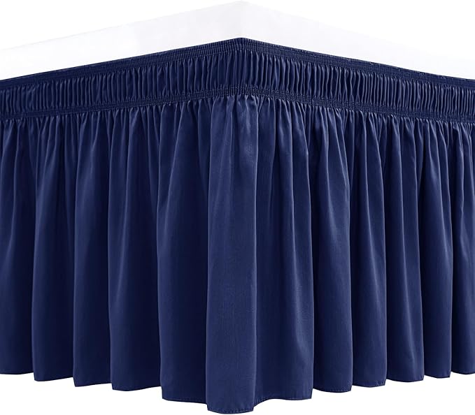 Wrap Around Bed Skirt Full Size Beds 17 Inch Drop-Elastic Dust Ruffle Navy | Adjustable Pleated Bedskirt-Easy Fit Wrinkle Resistant Washable Bed Skirting-Hotel Studio Apartment Home Guest Bedroom Rental