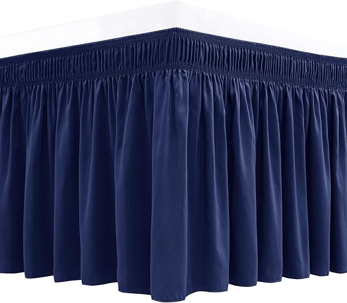 Wrap Around Queen Size Bed Skirt 14 Inch Drop-Elastic Dust Ruffle Navy | Adjustable Pleated Bedskirt-Easy Fit Wrinkle Resistant Washable Hotel Quality Fabric Bed Skirting-Master Guest Bedroom Rental