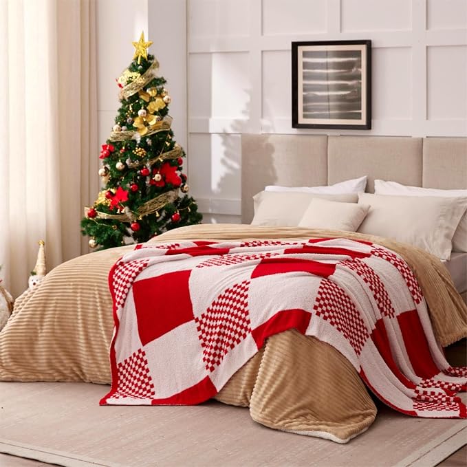 Red Checkered Twin Blanket for Christmas, Buffalo Plaid Throw Blanket Ultra Soft Warm Lux Microfiber Yarn Blanket for Couch, Reversible Cozy Knitted Blanket,Red White,60"x80"