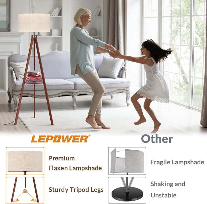 LEPOWER Shelf Floor Lamp Tripod Mid Century Modern Lamps for Living Room