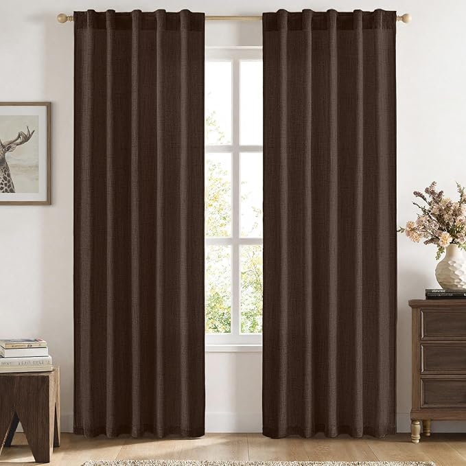 MIULEE Faux Linen Curtains 90 Inch Length 2 Panels Natural Semi Sheer Curtain with Back Tab Rod Pocket, Light Filtering Window Privacy Burlap Drapes for Living Room Bedroom 42W x 90L Dark Brown