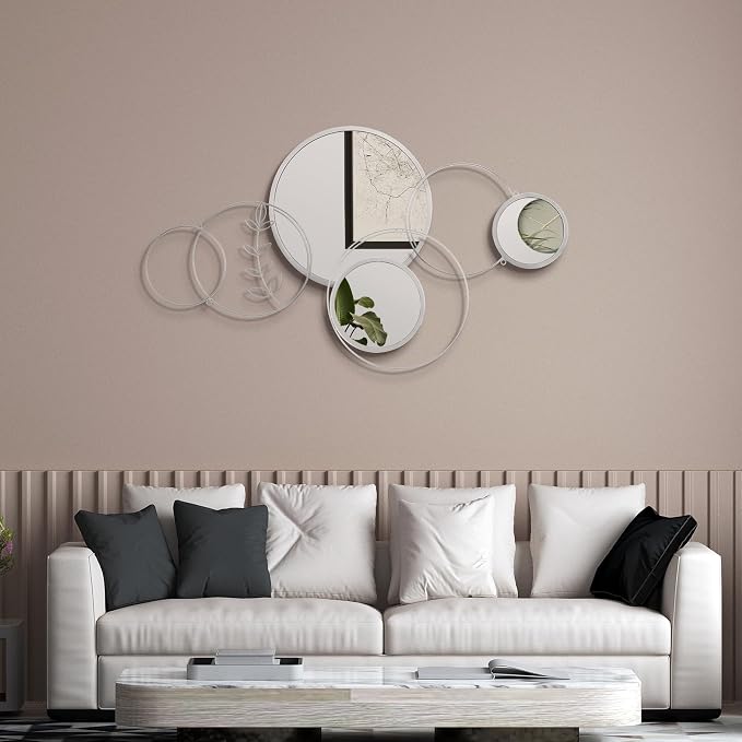 Hicarer 4 Pcs Wall Mirror Decoration Round Decorative Mirrors 41.34'' x 17.72'' Metal Overlapping Mirror Decoration for Home Living Dining Room Kitchen Entryway Office Bedroom Wall(Silver)