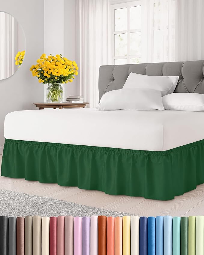 Wrap Around Dust Ruffle Bed Skirt, Queen Size - 15 Inch Drop, Emerald Green | Easy Fit Elastic Strap, Adjustable Pleated Bedskirt w/Brushed Fabric, Wrinkle & Fade Free, for Women, Men, Kids & Teens