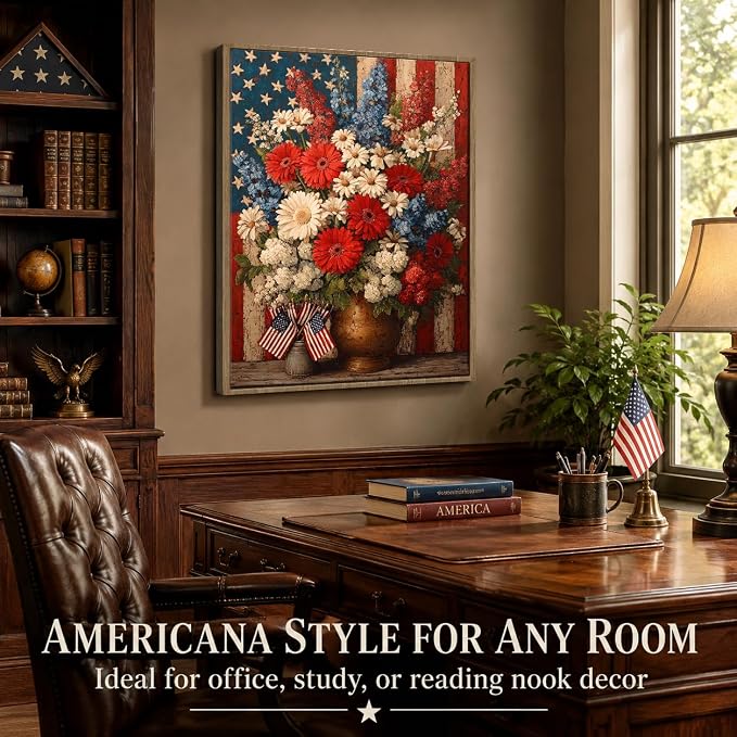American Flag Framed Canvas Wall Art, 4th of July Patriotic Canvas Prints | Boy Holding USA Flag Poster Print, Modern Independence Day Wall Decor for Living Room Kids Room Dining Room Office 24×36in
