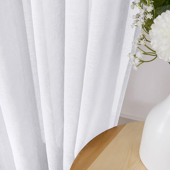 Tollpiz Sheer Curtains Linen Textured Living Room Curtain Sheers Light Filtering Rod Pocket Voile Curtains for Bedroom, 42 x 63 inches Long, White, Set of 2 Panels