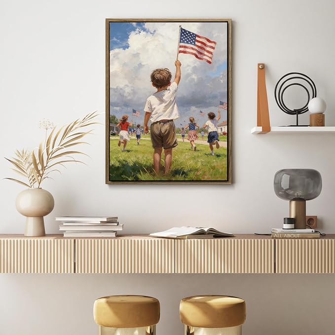 American Flag Framed Canvas Wall Art, 4th of July Patriotic Canvas Prints | Boy Holding USA Flag Poster Print, Modern Independence Day Wall Decor for Living Room Kids Room Dining Room Office 8×10in