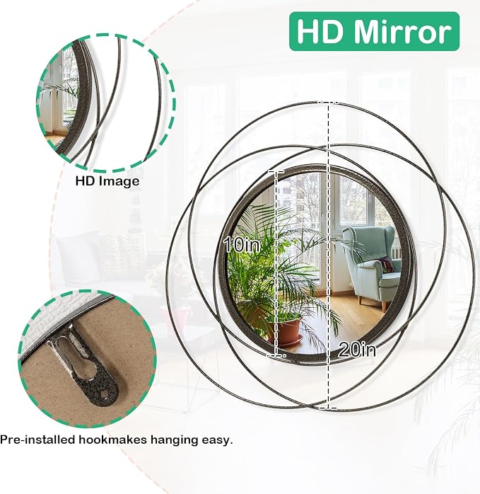 Wall Mirror Mounted Round Decorative Mirrors with Iron Metal Wire Frame Mirror for Wall, Home Decorative Bathroom Vanity, Living Room or Bedroom Large 20”