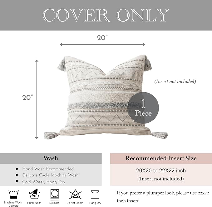BlissBlush 20X20 Throw Pillow Cover, Cream Neutral Square Decorative Cushion Cover with Gray Pattern, Boho Accent Pillowcase with Tufted Details and Tassels for Couch Sofa Living Room (Cover Only)