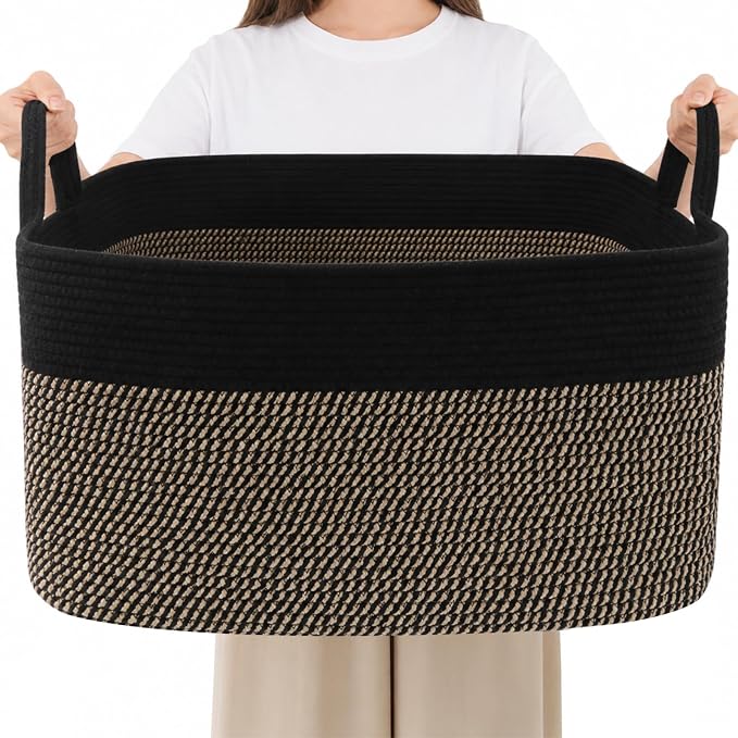 96L Laundry Basket with Handles, Extra Blanket Basket, Black/Jute | 24"×16"×15" Collapsible Cotton Rope Storage Basket for Toys Clothes & Pillows, Nursery, Bathroom, Bedroom, Living Room