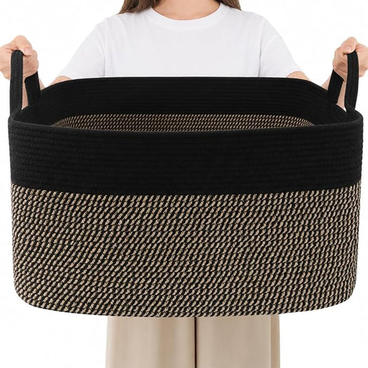 96L Laundry Basket with Handles, Extra Blanket Basket, Black/Jute | 24"×16"×15" Collapsible Cotton Rope Storage Basket for Toys Clothes & Pillows, Nursery, Bathroom, Bedroom, Living Room