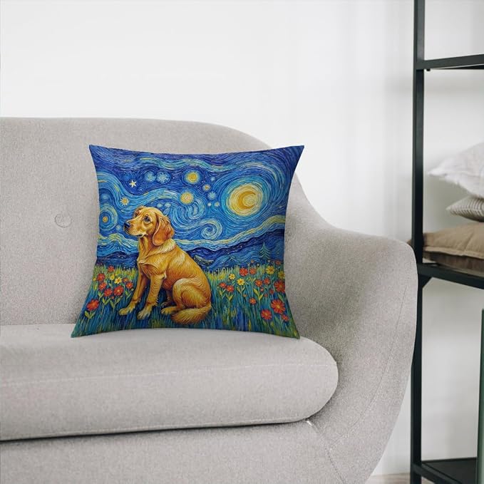 Fokongna Decorative Pillow Covers Vincent Van Gogh's The Starry Night, with a Golden Retriever in a Grassy Field Full of Blooming Flowers for Couch Home Bedroom Living Room 18 x 18 Inch Pillow Covers
