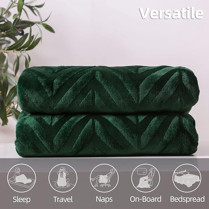 Whale Flotilla Flannel Fleece Bed Blanket Twin XL Size, Emerald Green | Lightweight Breathable Soft Bedspread, Plush Fluffy Coverlet Chevron Design Decorative Blanket for All Season, 90x66 Inch