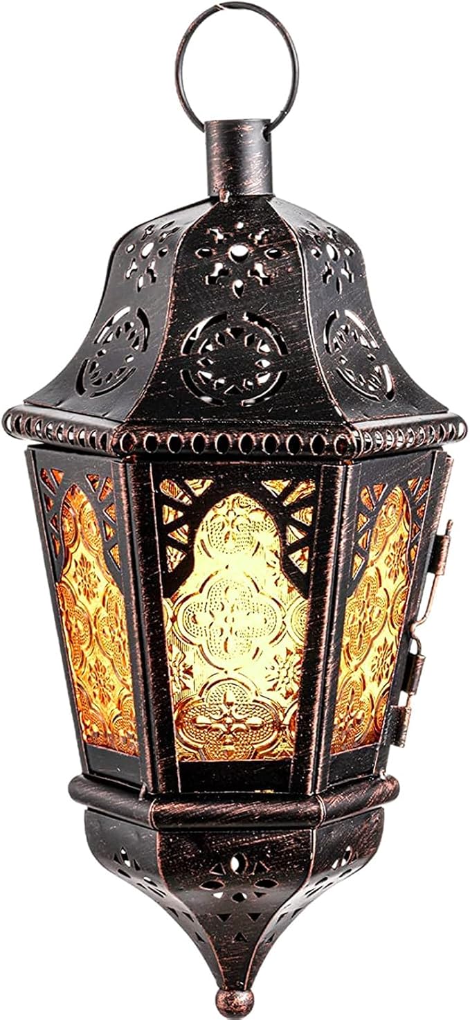 NEEDOMO Hanging Moroccan Lantern, 13.5'' Vintage Metal Candle Holder with 14.8" Chain, Ramadan Lanterns Decorative Indoor Outdoor for Home, Table, Patio, Porch, Christmas,Halloween, Spring (Amber)