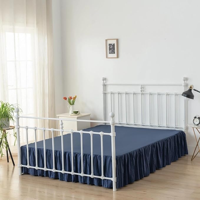 Dust Ruffle Bed Skirt, Full Size Beds - 16 Inch Drop, Blue | Striped Boho Tufted, Split Corners, Easy Fit, Wrinkle & Fade Free, for Women, Men, Kids & Teens