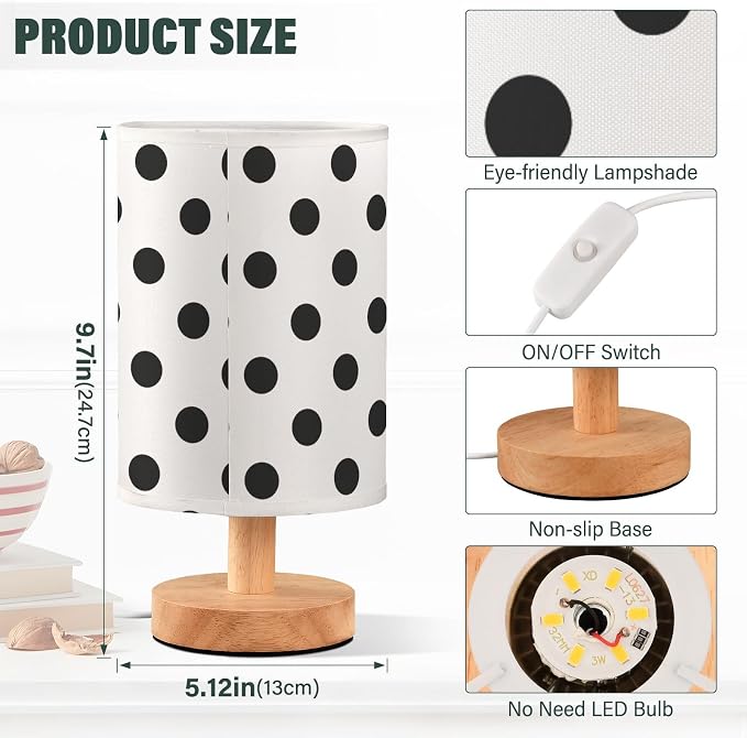 ALAZA Polka Dot Black on White Decor Bedside Table Lamp with USB Port for Bedroom Nightstand Office Desk LED Bulb Included