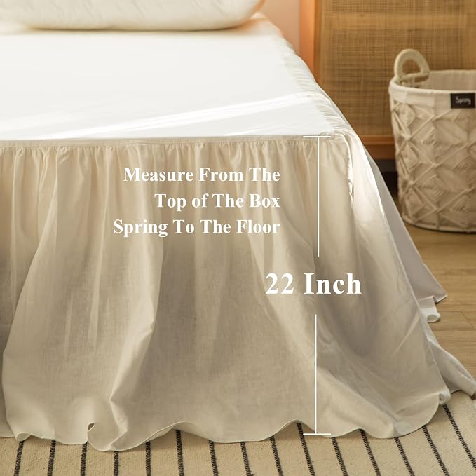 BISELINA French Linen Bed Skirt with Pleated Frills 22-Inch Tailored Drop Natural Flax Cotton Blend Dust Ruffle Soft Cozy Farmhouse Bedding (22" California King, Ruffle White)