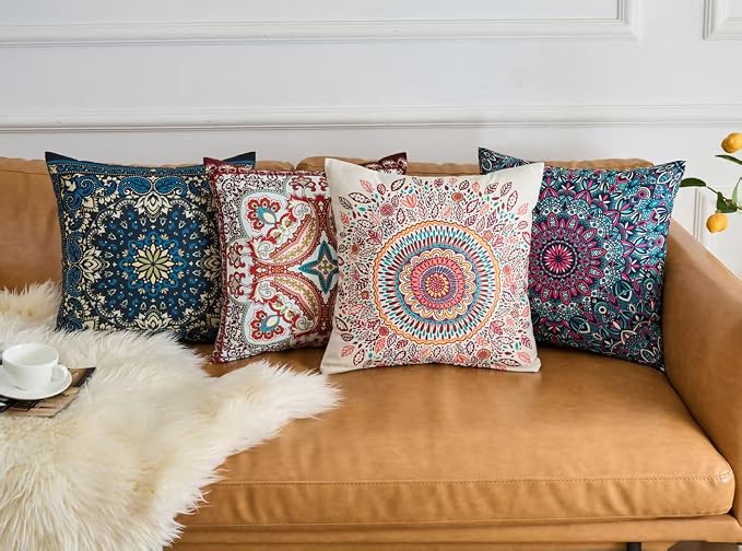 Boho Throw Pillow Covers 18X18 Inch Set of 4 Bohemian Soft Velvet Couch Pillow Cases Farmhouse Decorative Pillow Covers for Sofa Living Room Bedroom Outdoor Patio Porch