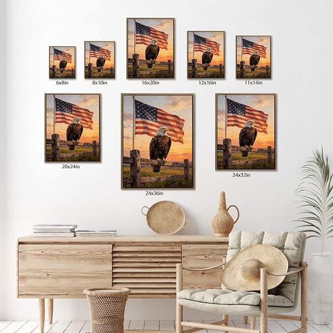 American Flag Framed Canvas Wall Art, 4th of July Patriotic Canvas Prints | USA Flag with Bald Eagle Poster Print, Vintage Independence Day Wall Decor for Bedroom Living Room 24×32in